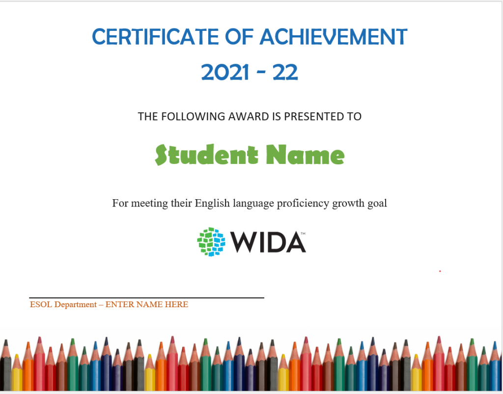 Certificado de celebración de crecimiento del dominio del idioma inglés  